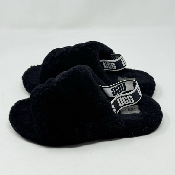 UGG Fluff Yeah Shearling Slingback Slippers Kids Girls 5 Black Red Open Toe - Picture 4 of 14